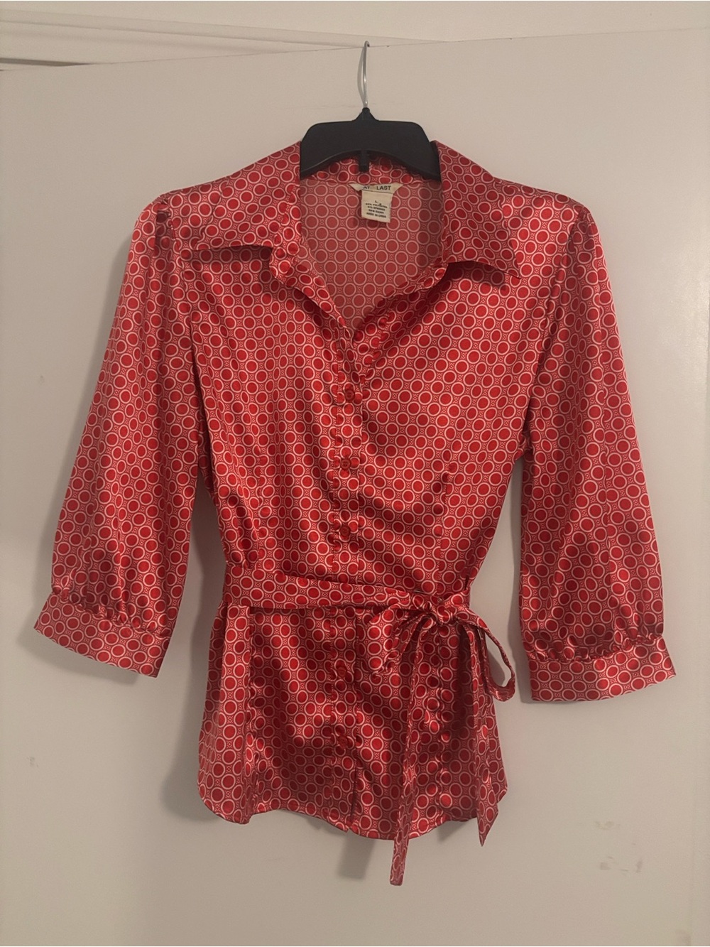 At Last Red Geometric Print Tie Waist Blouse